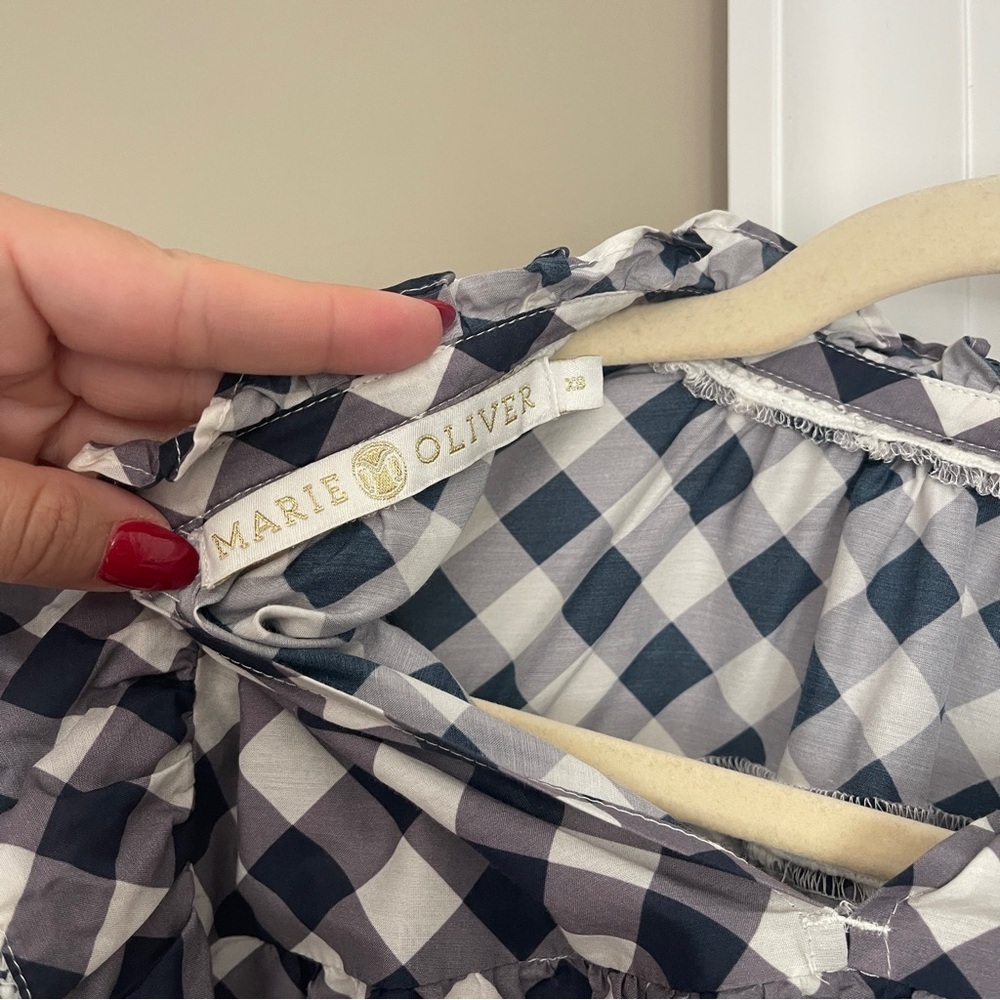 Marie Oliver Que Blue White Plaid Checkered Long Sleeve Ruffle Blouse - Picture 5 of 5